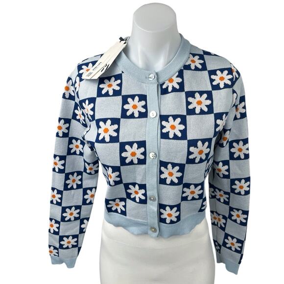 NEW Zara Blue Daisy Floral Checkered Button Knit Crop Cardigan Sweater Top Sz M - Picture 1 of 5